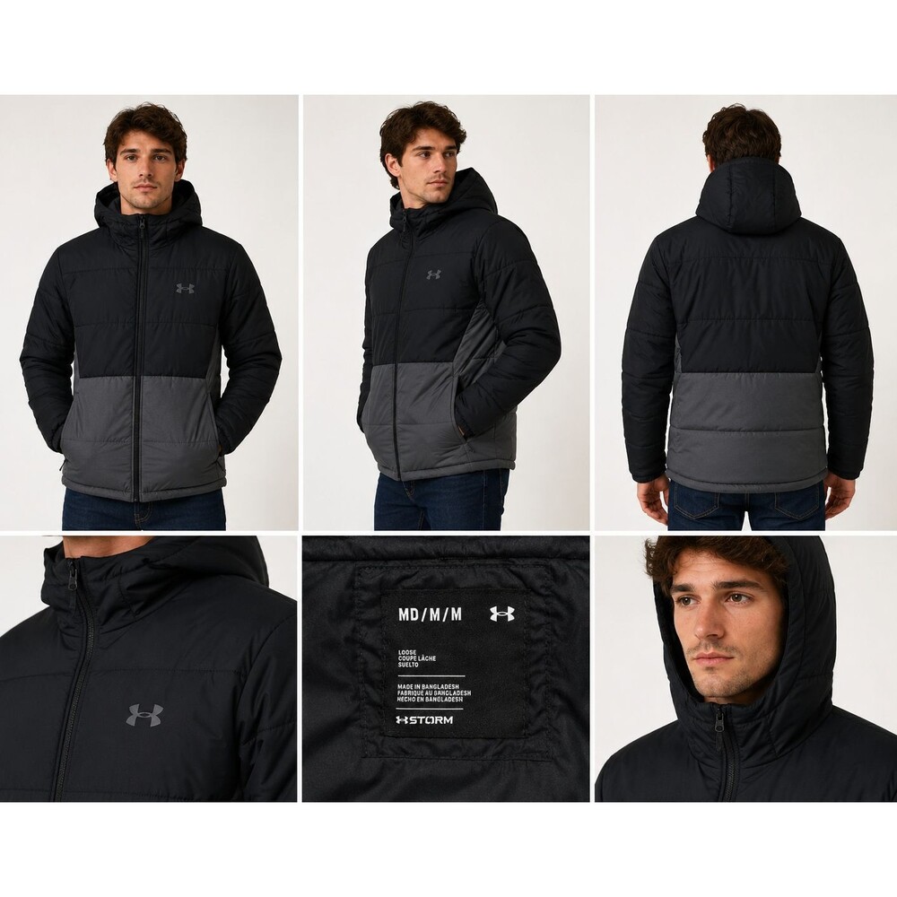 Under Armour Storm Hooded Puffer Jacket Mens Medium Black Gray Full Zip Coat NEW